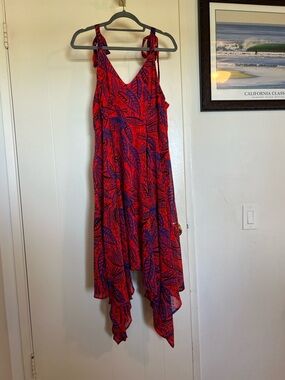Alexis Red and Blue Leaf-Print Tie-Strap Sundress